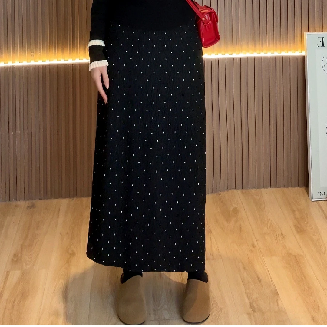 【青苍 仅半身裙】花老爷微胖黑波点加绒半身裙HLY3174