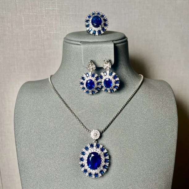 套装【蓝色】精美时尚百搭款戒指耳钉吊坠-694