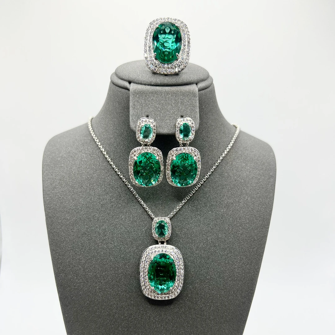 套装【绿色】大气奢华百搭款戒指耳钉吊坠-654