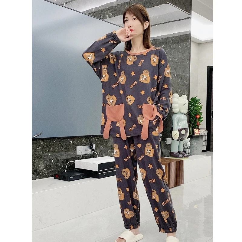 特大码睡衣秋季女士纯棉长袖休闲套装春秋宽松超大码卡通女家居服