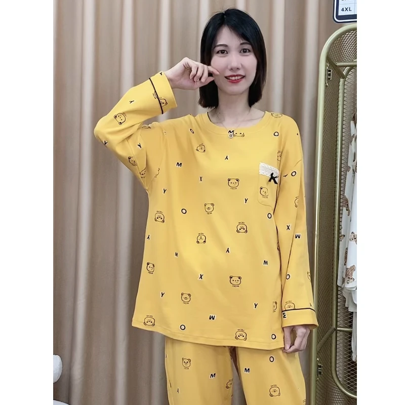 超大码睡衣秋季女士纯棉长袖休闲套装秋冬宽松特大码舒适女家居服