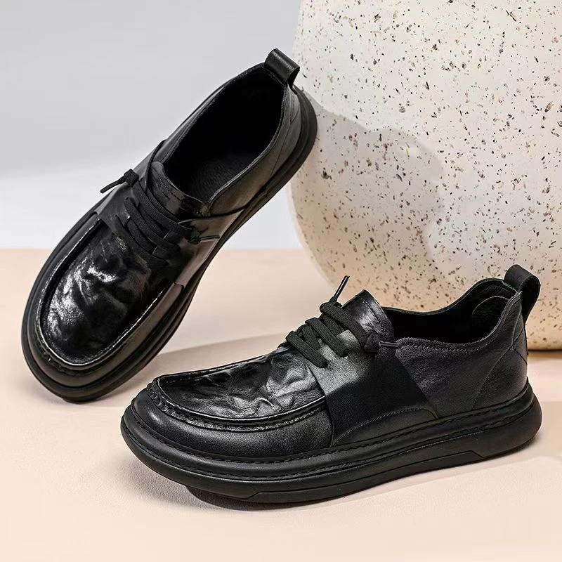 欧洲站歪头皮鞋男款2025春季新款百搭商务休闲真皮男鞋厚底乐福鞋