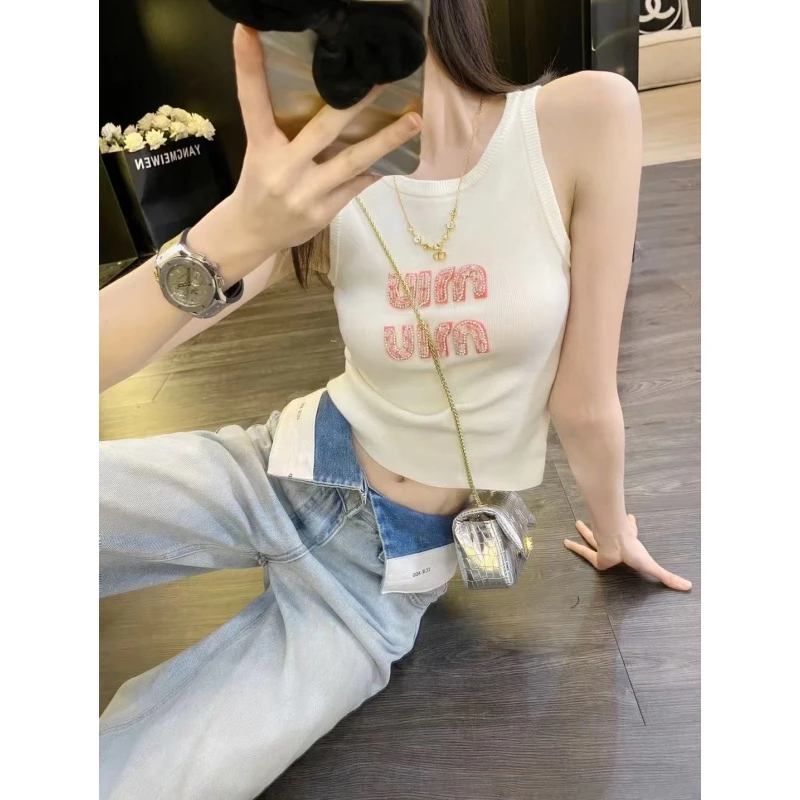小个子2024春季新款白色甜辣百搭背心高腰直筒垂感感设计牛仔裤唐