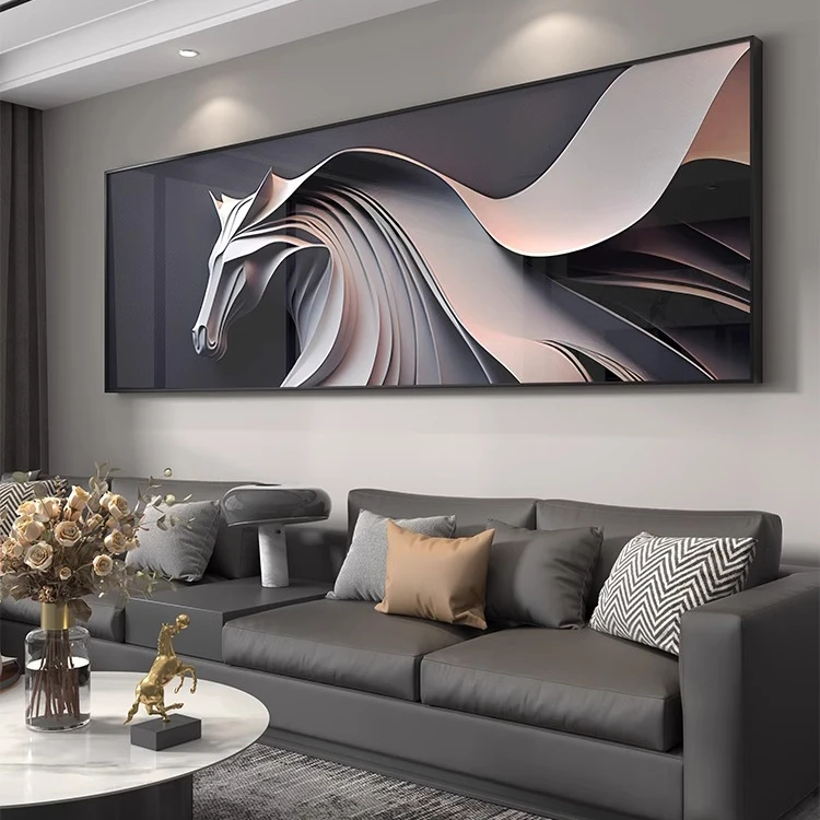 马到成功客厅装饰画横幅高级感沙发背景墙挂画现代轻奢大气抽象画