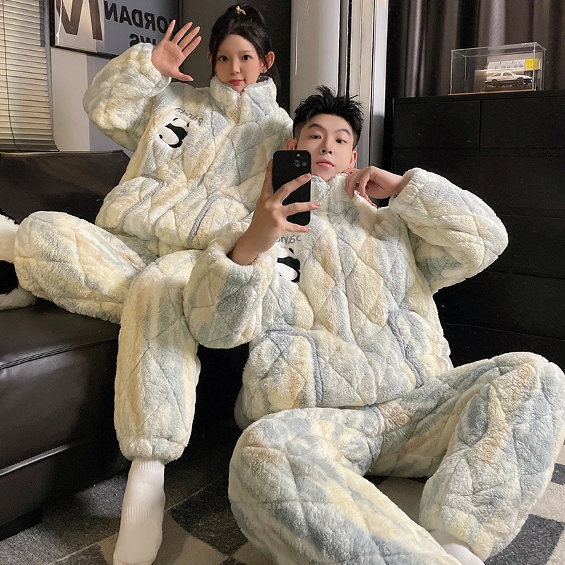 熊猫情侣睡衣女三层夹棉袄冬季珊瑚绒男士加厚加绒家居服外穿套装