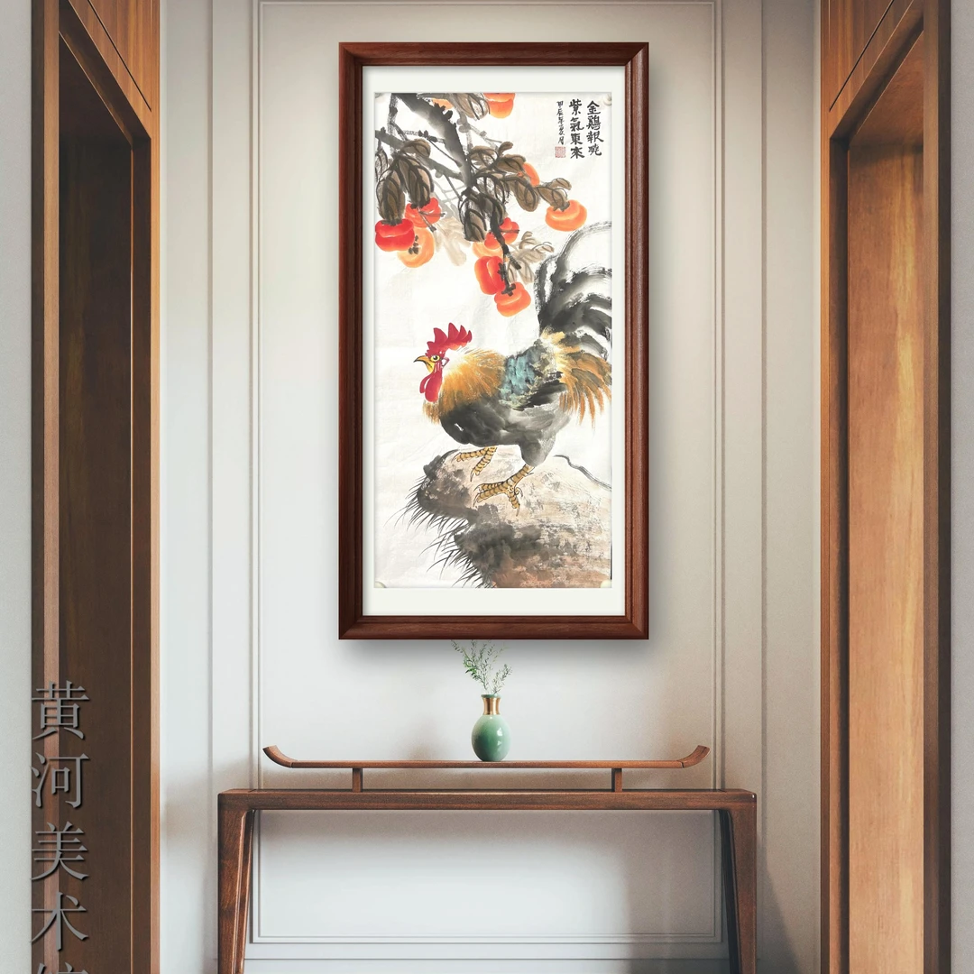金鸡报晓国画三尺整张杭州锦丝绫装裱