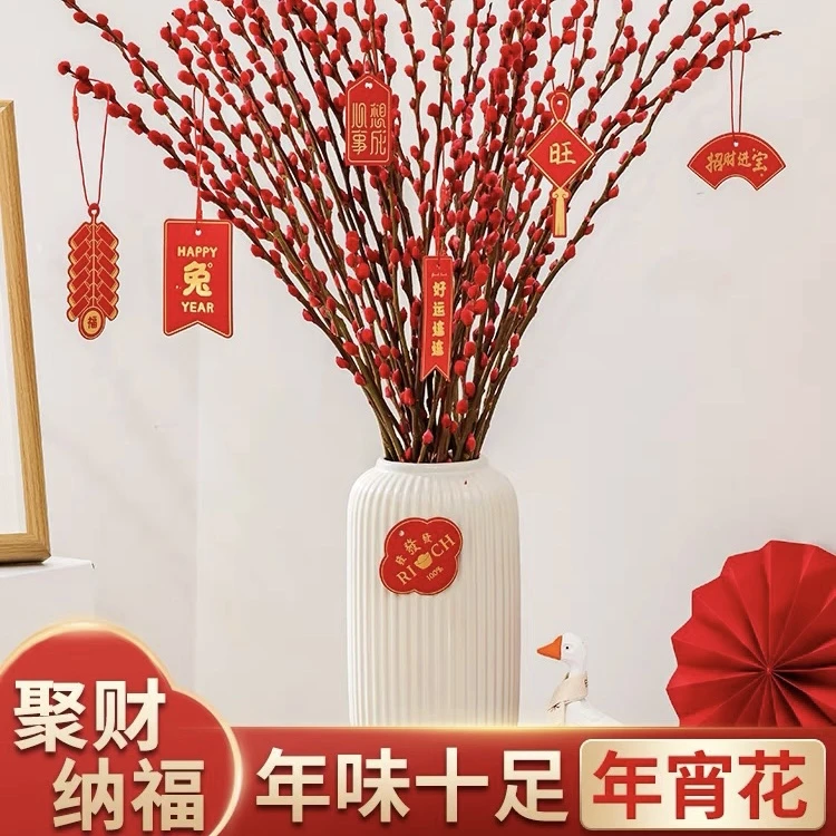 【银柳】10枝吸色干花鲜枝客厅真花摆件过新年室内红色年宵花