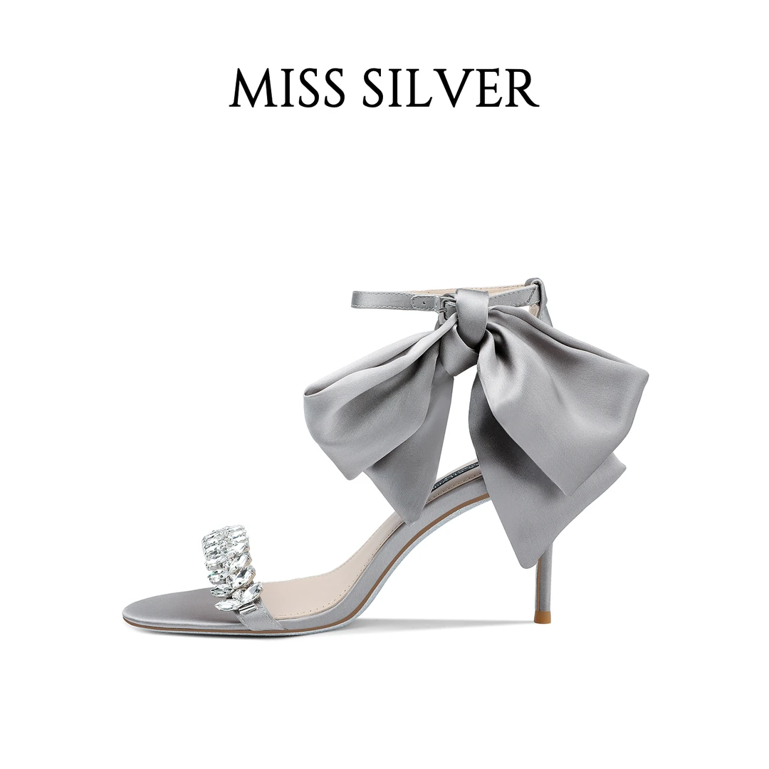 凉鞋女新款高跟鞋女细跟水钻蝴蝶结一字扣带露趾百搭夏天礼服凉鞋