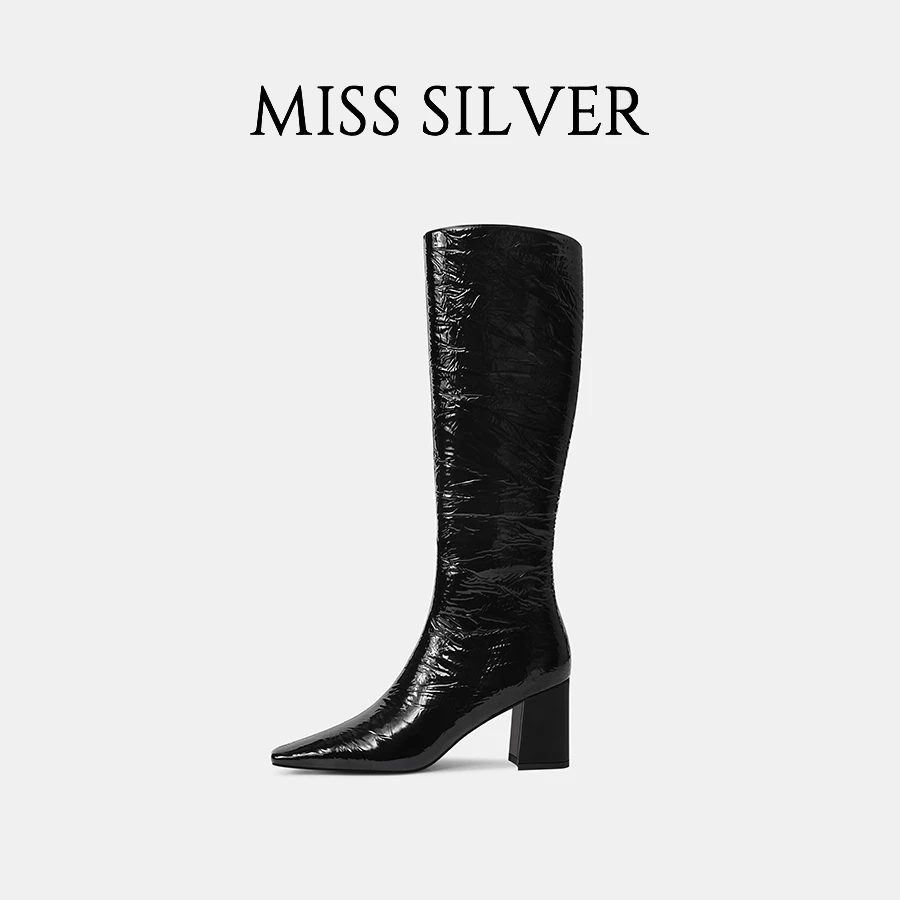MISSSILVER高跟长靴女2024年冬季新款褶皱设计真皮时尚长筒靴