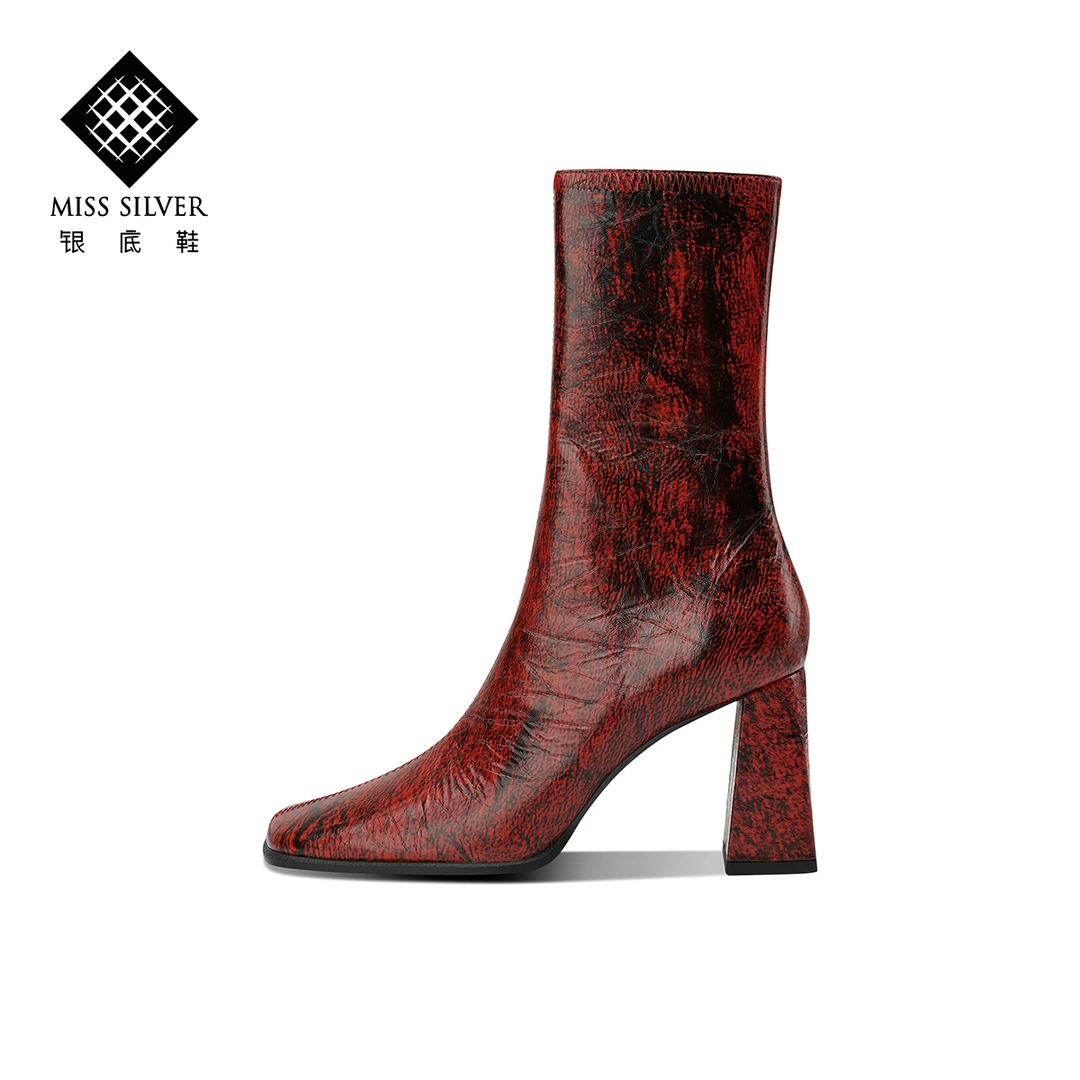 MISSSILVER方头粗跟单靴女秋季新款真皮优雅骑士靴气质高跟中筒靴