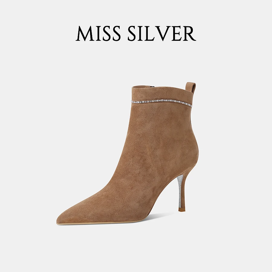 MISSSILVER细跟短靴女2024年秋冬新款尖头真皮百搭性感女靴