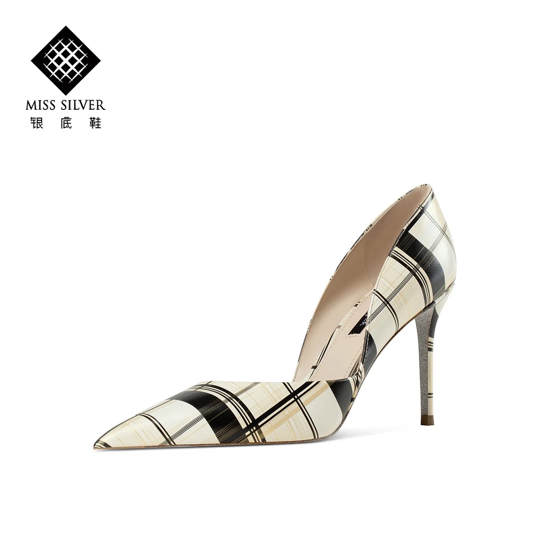 MISSSILVER品牌女鞋米白高跟鞋2023春季新款真皮浅口中空细跟单鞋