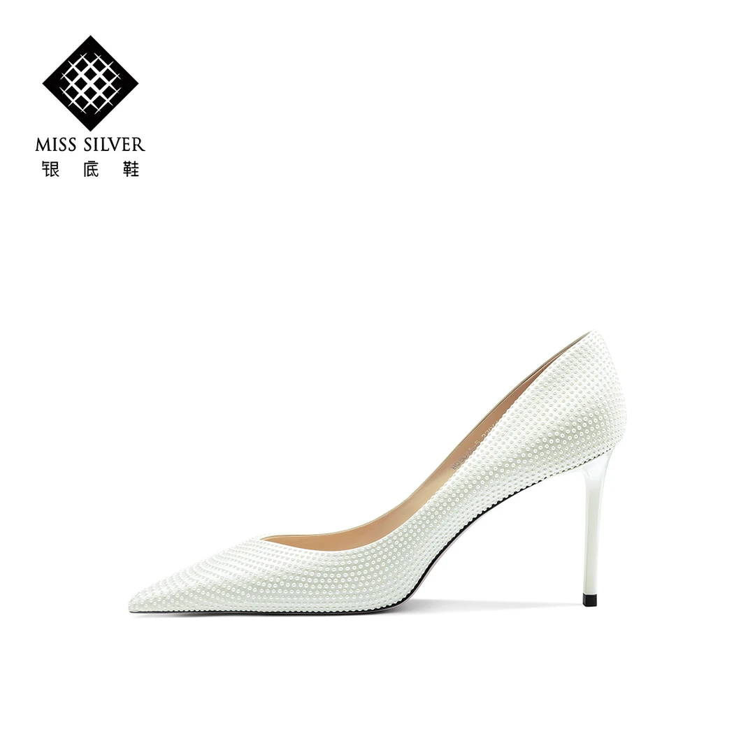MISSSILVER白色高跟鞋女细跟秋季新款婚鞋尖头宴会水钻新娘单鞋女
