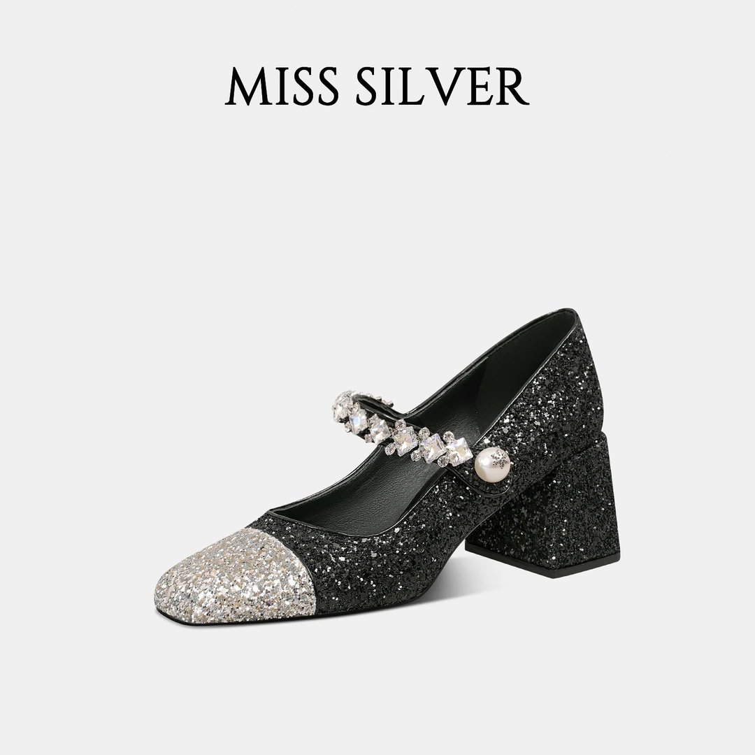 MISSSILVER方头高跟鞋女2024年新款浅口粗跟亮片单鞋水钻玛丽珍鞋