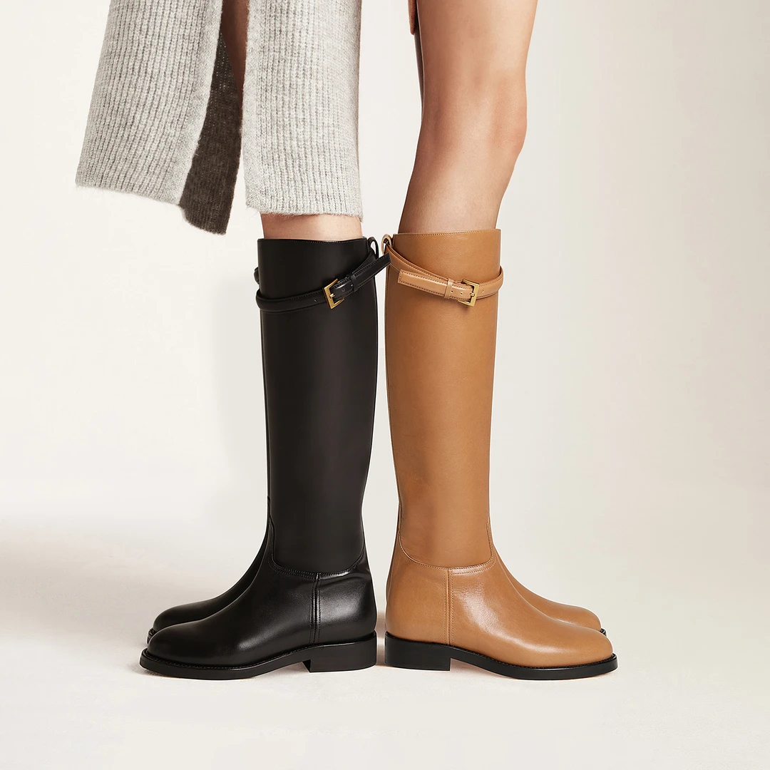 MISSSILVER黑色不过膝长靴女2023平底粗跟显瘦长筒靴时装靴骑行靴