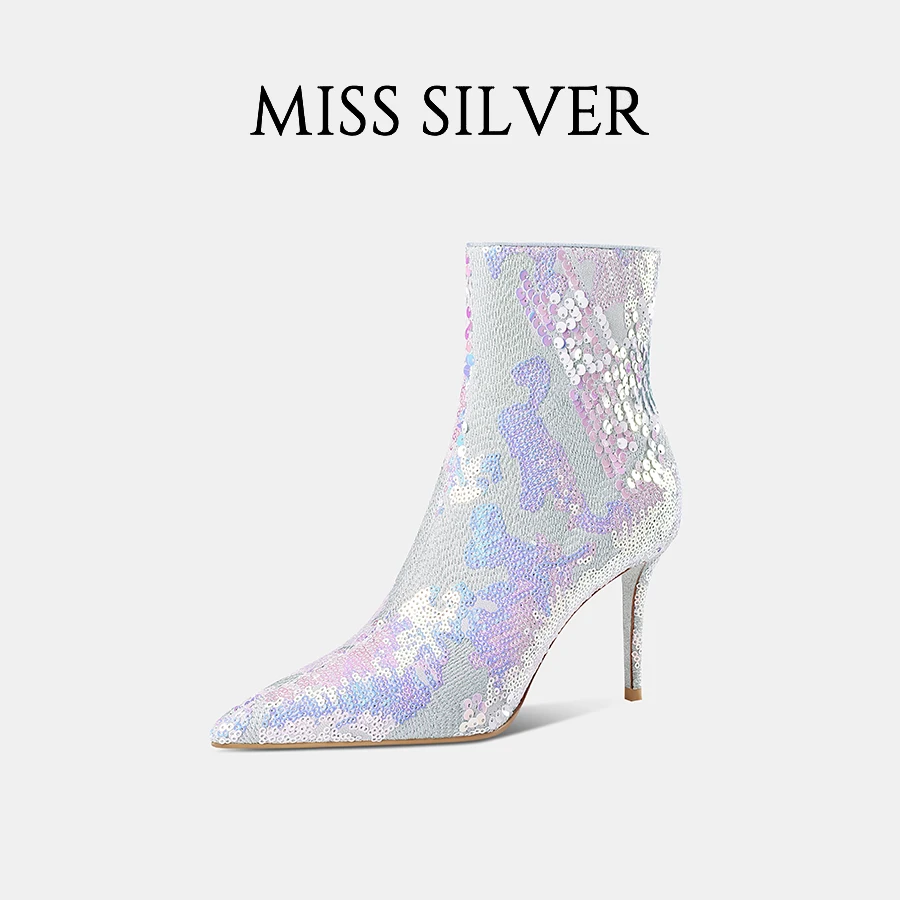 MISSSILVER尖头高跟短靴2024新款亮片性感细跟时装靴