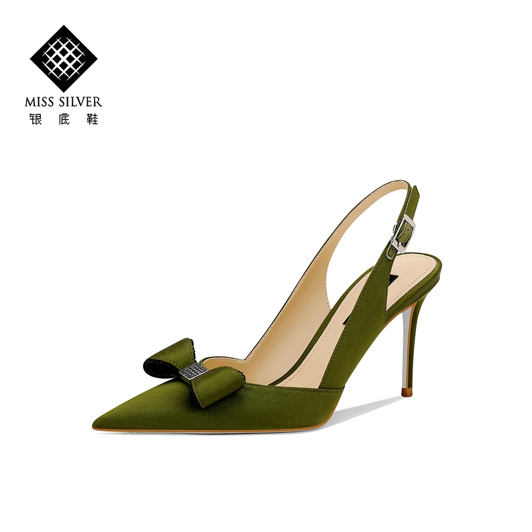 MISSSILVER一字带包头凉鞋女2022年夏季新款蝴蝶结后空尖头高跟鞋