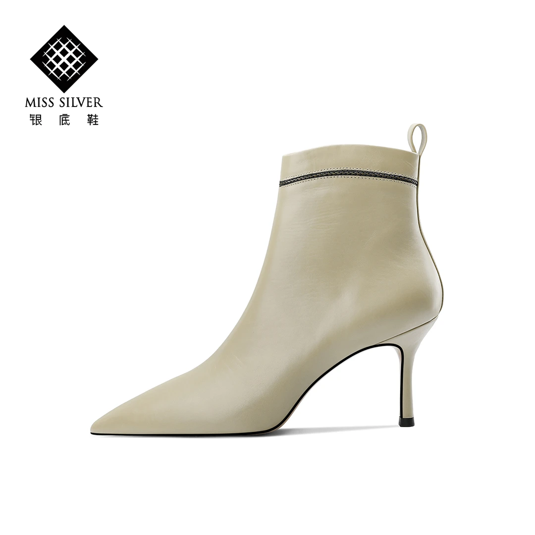 MISSSILVER高跟短靴女气质秋冬季新款尖头细跟胎牛皮单靴气质女靴
