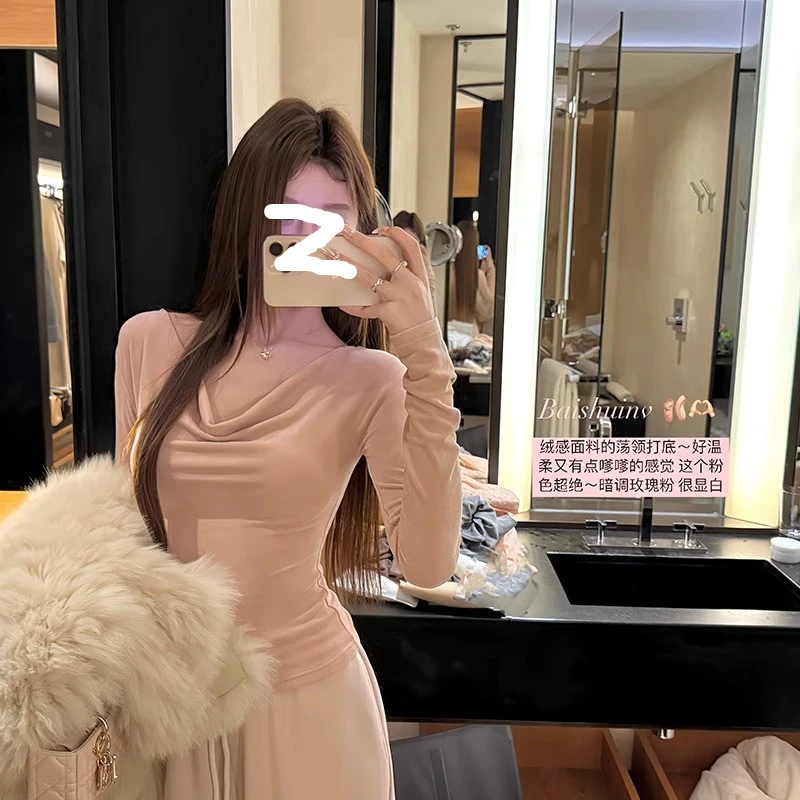 韩系高级感荡领打底衫女秋冬新款收腰独特别致保暖内搭长袖上衣