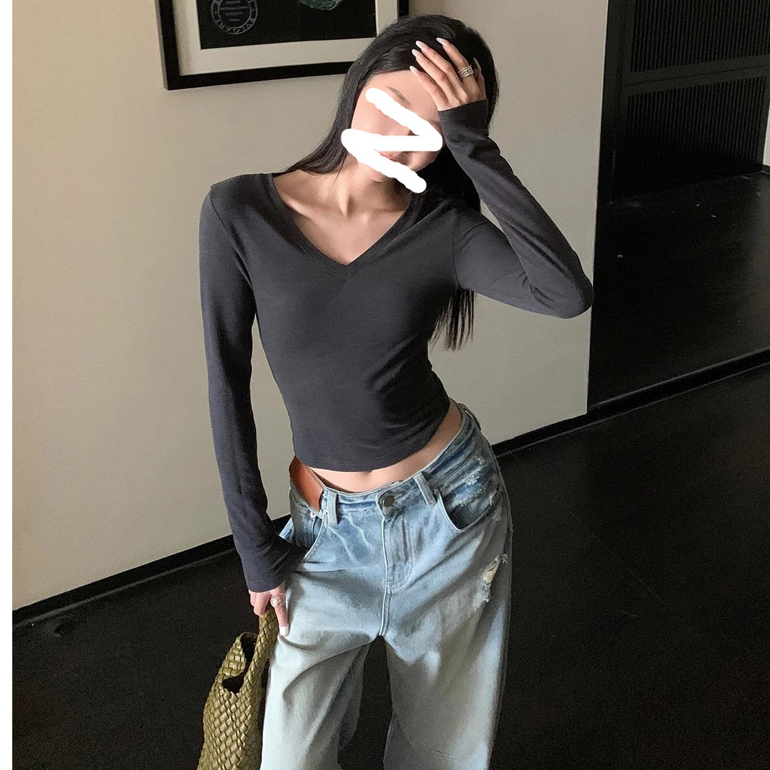 长袖T恤女秋冬季新辣妹V领纯色百搭设计感打底衫修身内搭显瘦上衣