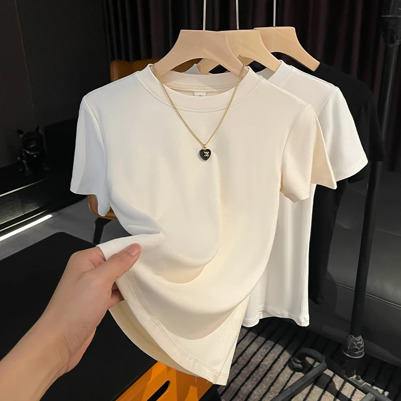 短袖T恤女杏色夏圆领简约设计感今年流行韩版个性修身上衣打底衫