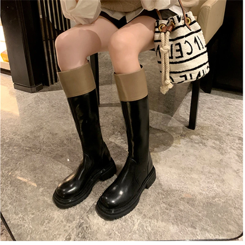 葡萄妈同款黑白拼色粗跟骑士靴女高筒靴厚底切尔西靴子不过膝长靴
