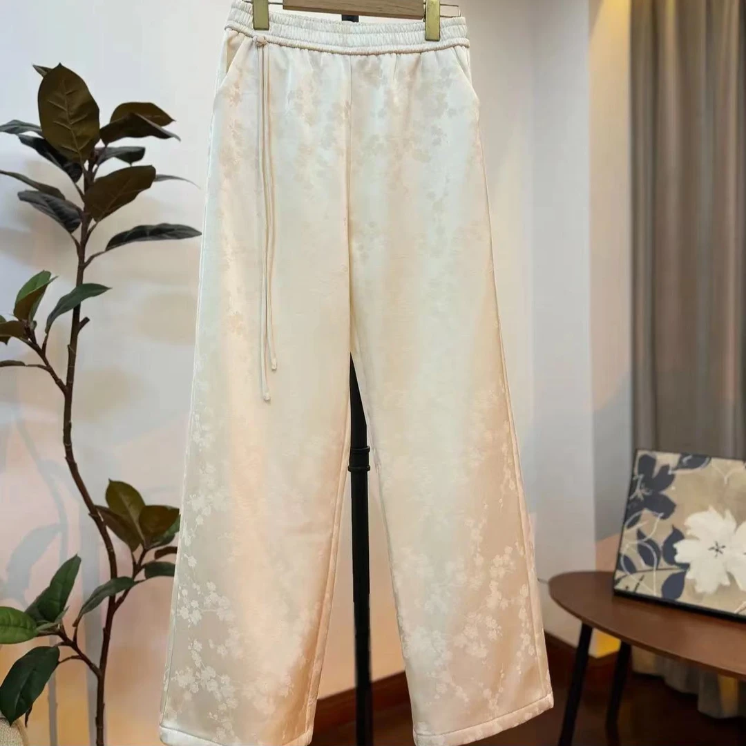 【洛清】裤子 提花加绒加厚直筒阔腿时尚百搭冬季新中式84663-倩倩