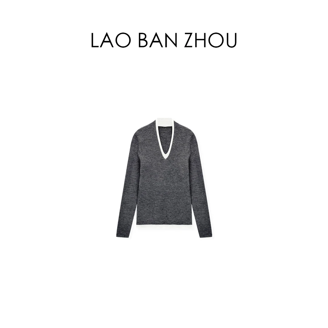 【老板周】时髦拼色 法式秋冬V领撞色假俩件针织上衣