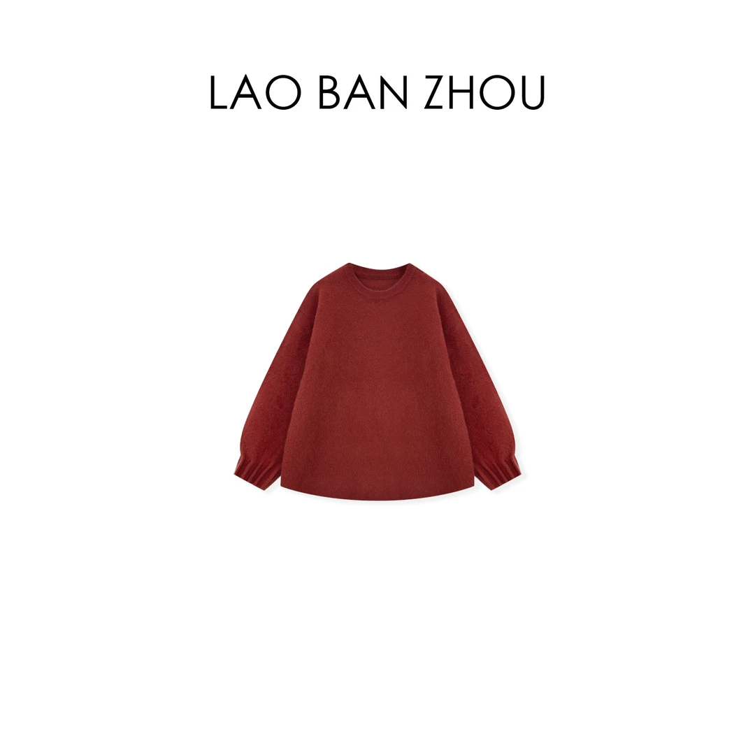 【老板周】时髦复古 秋冬新款袖口褶皱灯笼袖廓形毛衣