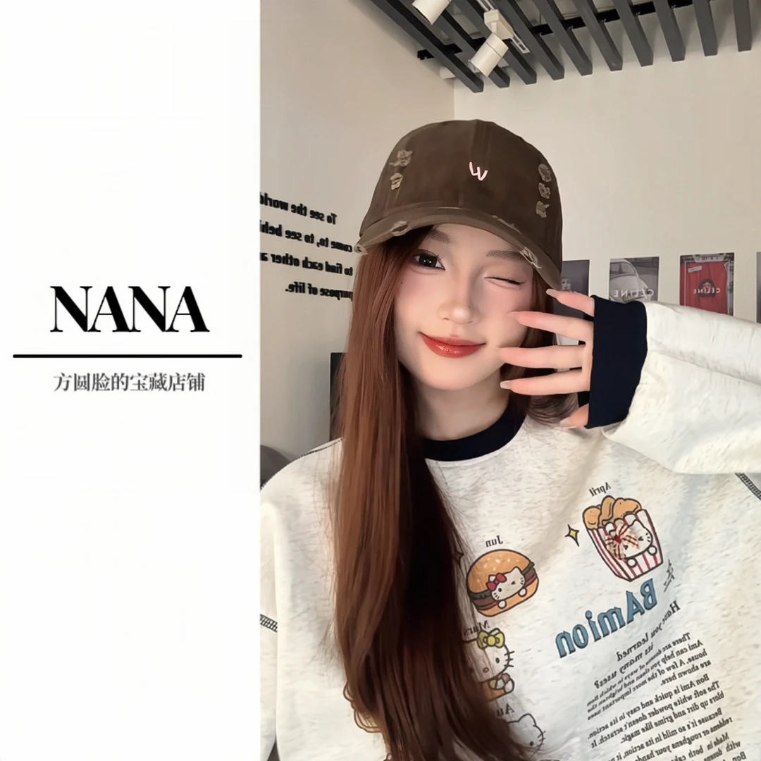 原创设计 W复古做旧破洞 女棒球帽百搭大头围ins鸭舌帽子潮酷韩版