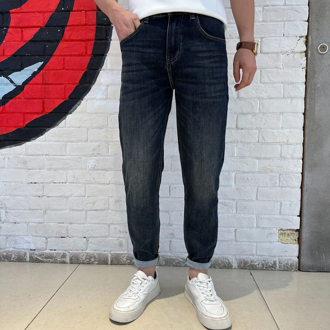 男士秋冬季底磨毛蓝色修身小脚弹力牛仔裤-905