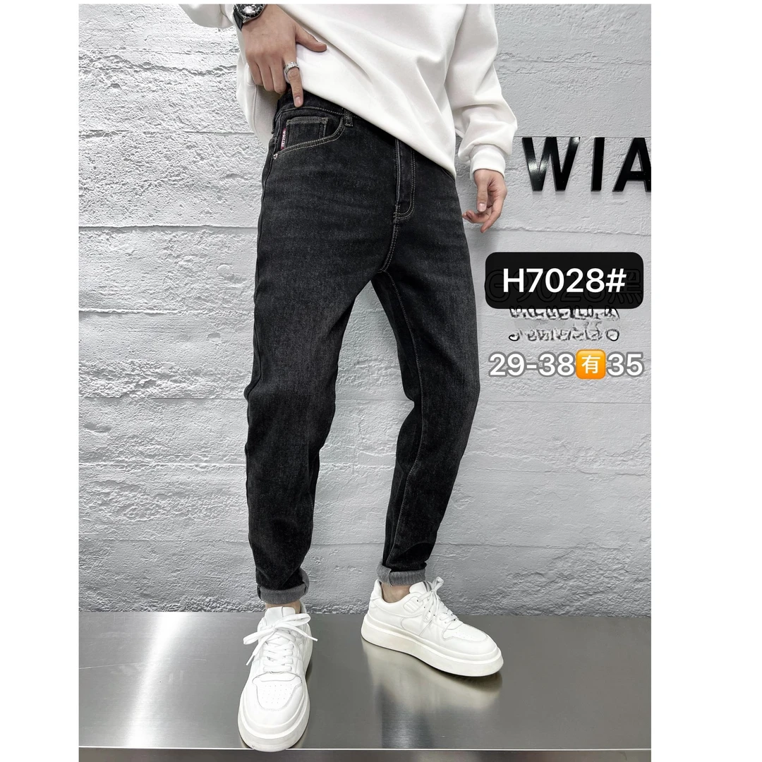 冬季加绒潮流修身磨砂水洗弹力烟灰色牛仔裤-7028
