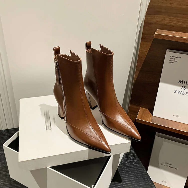 5/7厘米尖头高跟短靴女秋冬新款真皮粗跟加绒马丁靴侧拉链时装靴