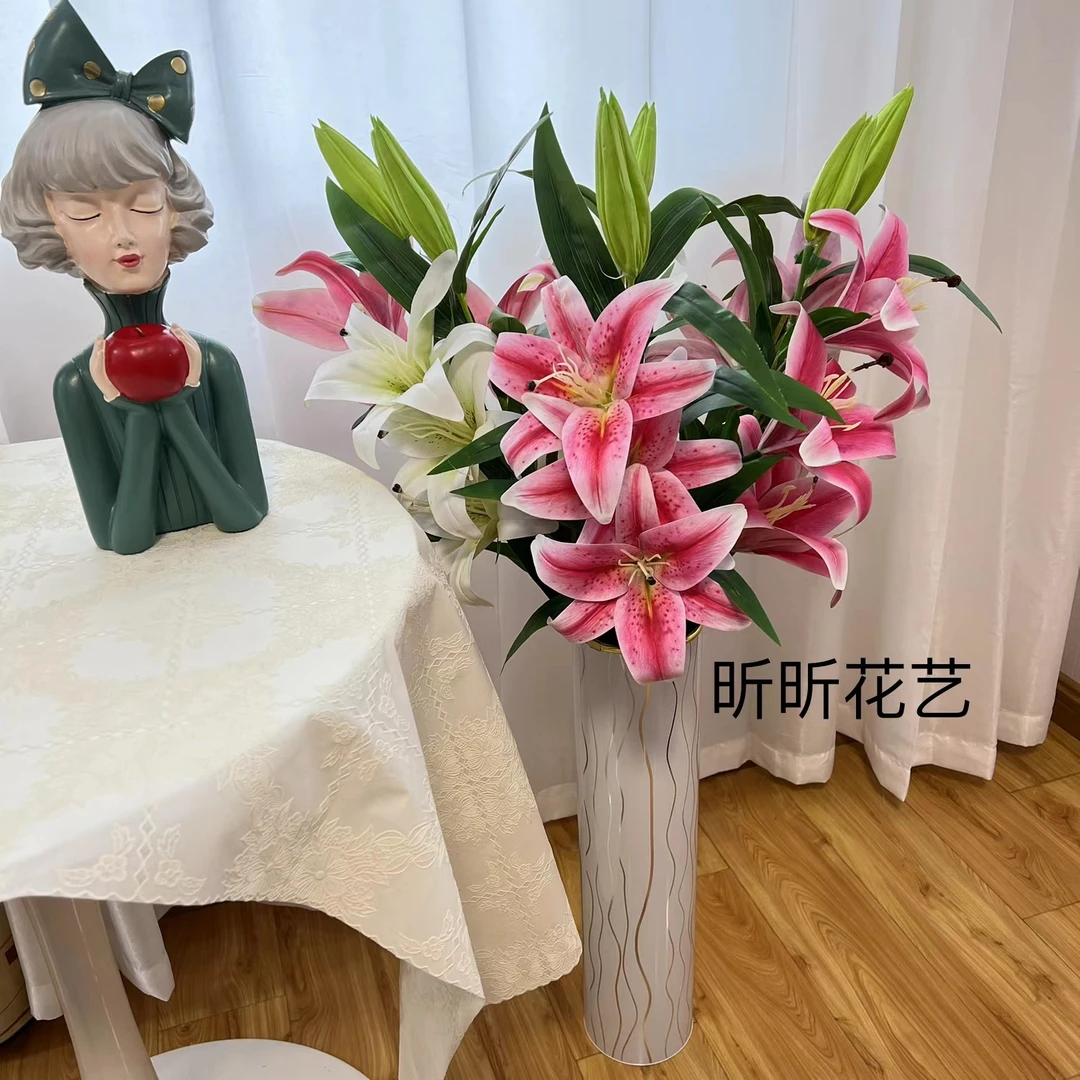 高端大百合花3花一蕾3D仿真花假花落地桌摆大气喜庆搬新家结婚1米