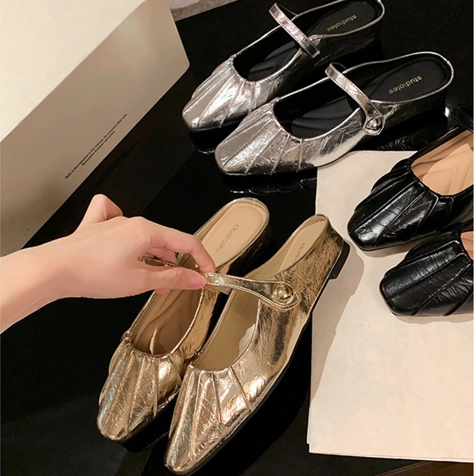 2025百搭年百搭气质小方头网红一字带浅口玛丽珍平底半拖鞋夏季