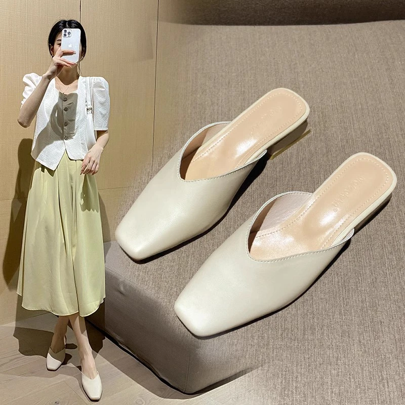 2025新款软皮气质半托单鞋软底软面包头半拖鞋女夏外穿凉拖穆勒鞋