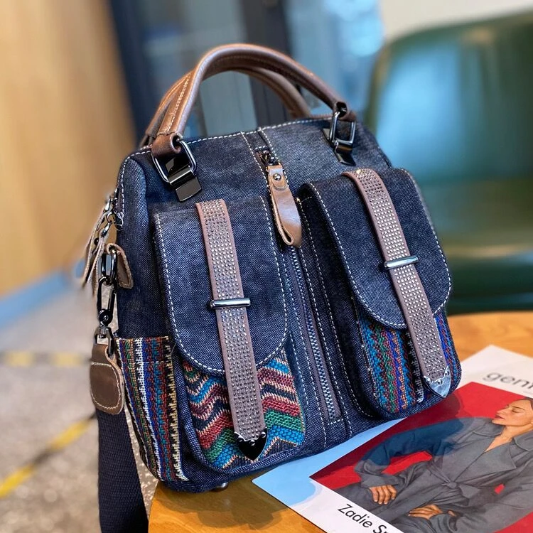 新款民族风潮流复古牛仔布背包女包2025个性多功能撞色刺绣双肩包