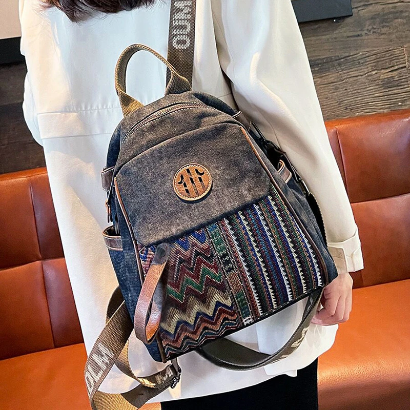 新款2025民族风刺绣牛仔布双肩包女包撞色高级感多功能背包旅行包