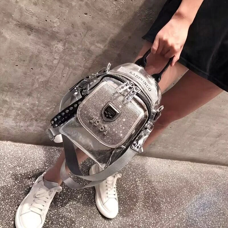 2025新款时尚韩版真皮多功能镶钻双肩包女包超火百搭洋气银色背包
