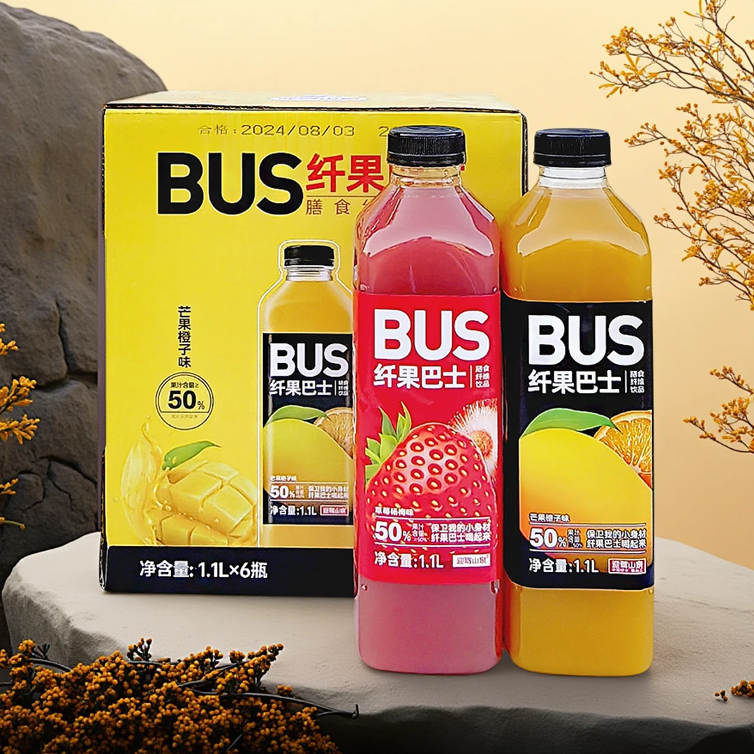 迎驾山泉纤果巴士芒果橙子草莓杨梅味果汁饮品膳食纤维饮料1.1L瓶