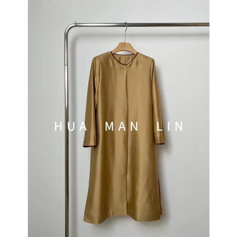 【花滿林】圆领辑边本布包扣桑蚕丝丝毛定染色气质百搭连衣裙7553