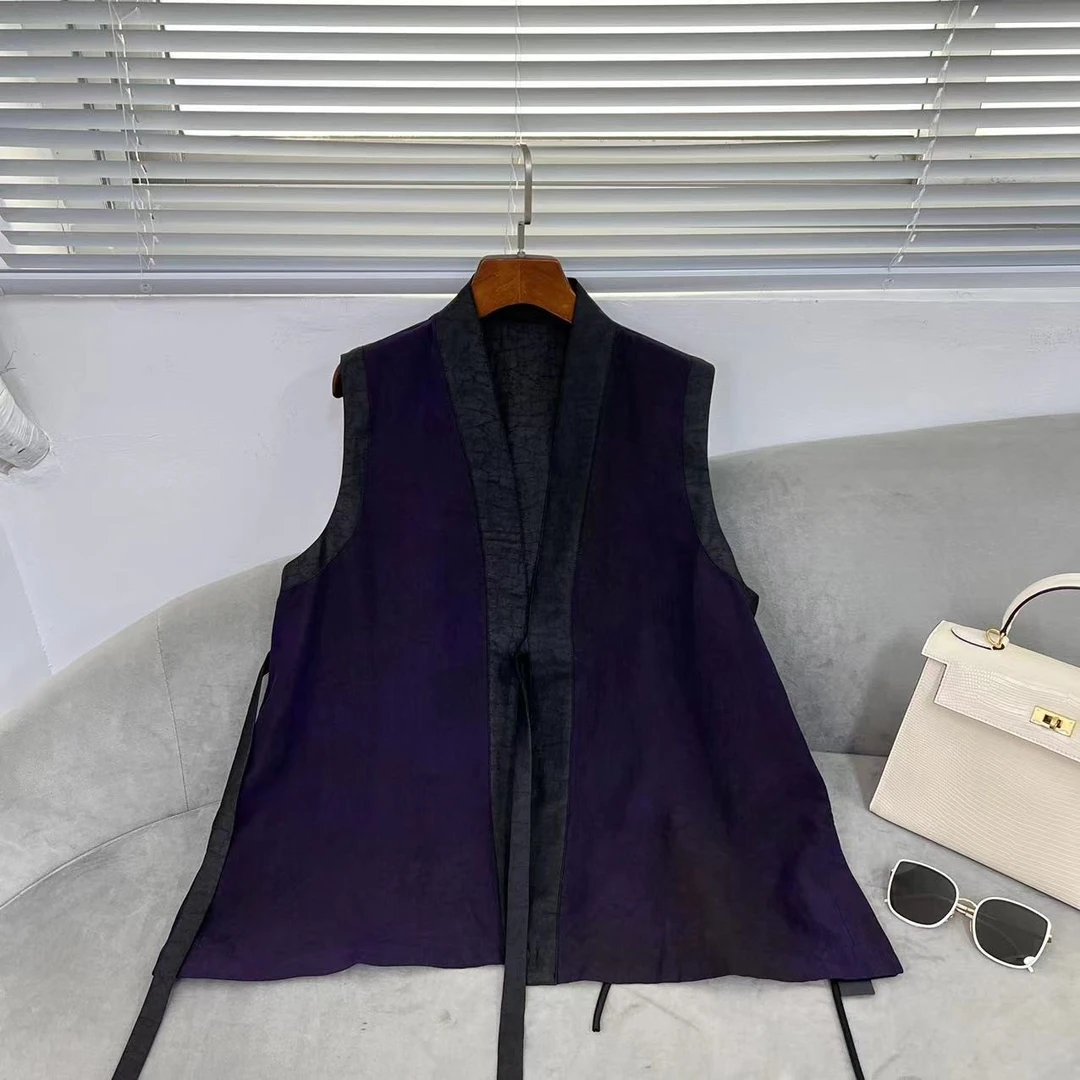 【花滿林】香云莎龟裂纹撞色时尚系带手工扎染马夹6308