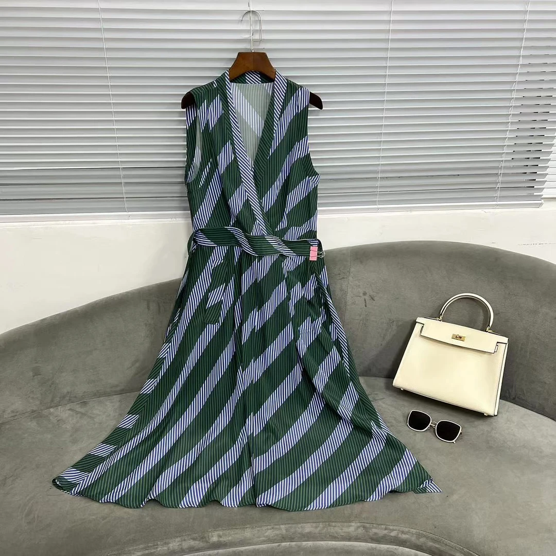 【花滿林】无袖撞色条纹时尚气质设计师中长款裹身裙6268