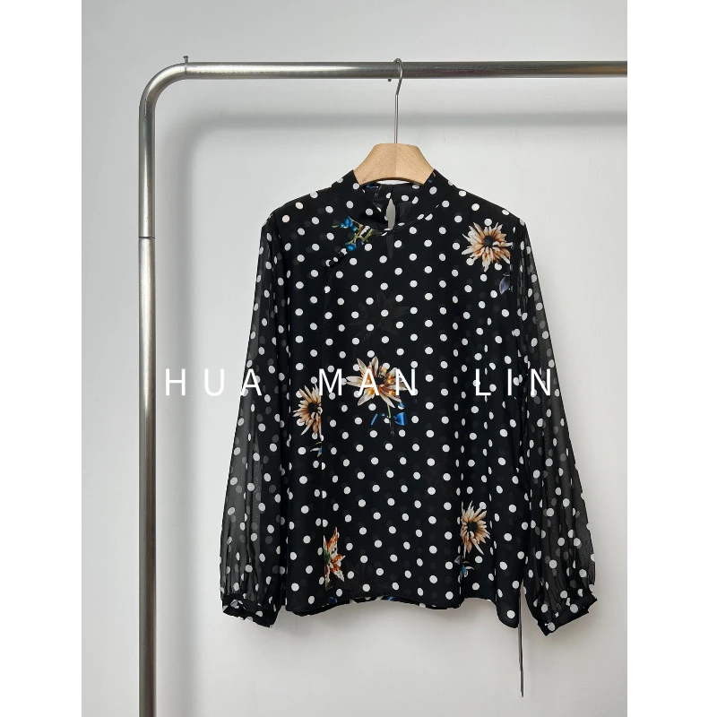 【花滿林】小立领斜门襟本布包扣波点印花真丝桑蚕丝上衣8296