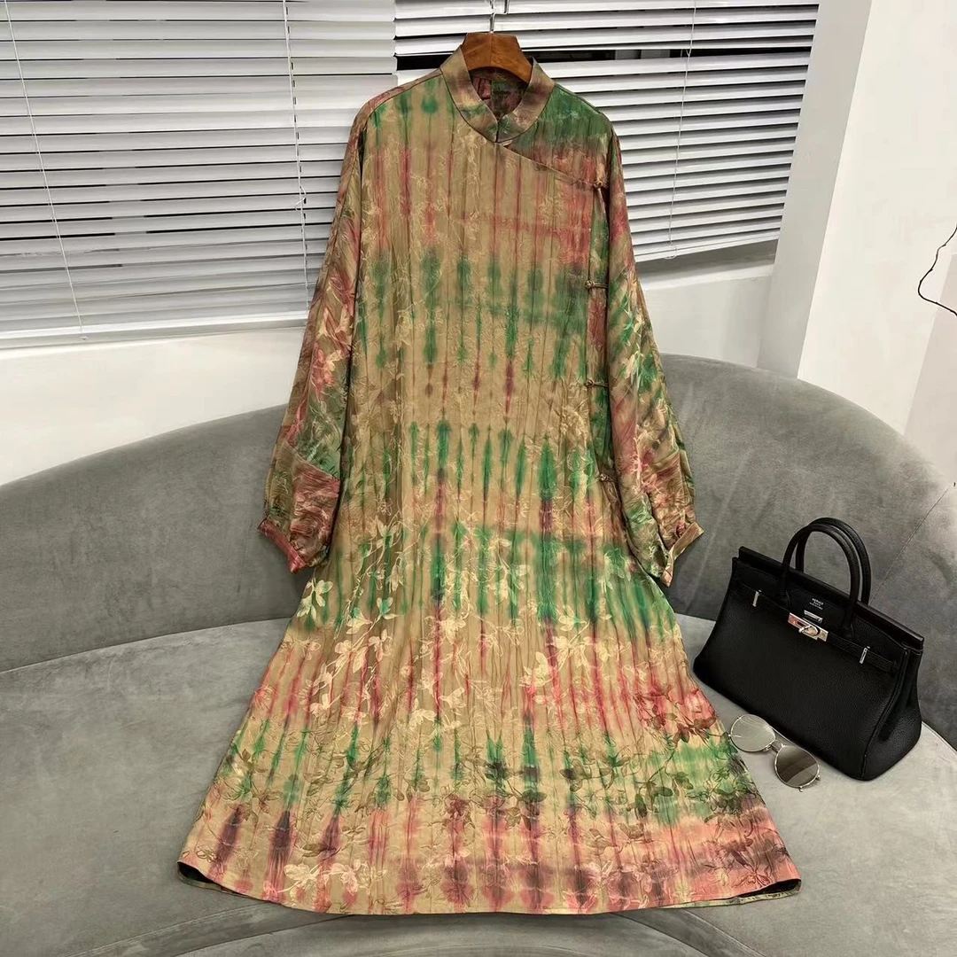 【花满林】小立领斜门襟阔版盘扣连衣裙6089