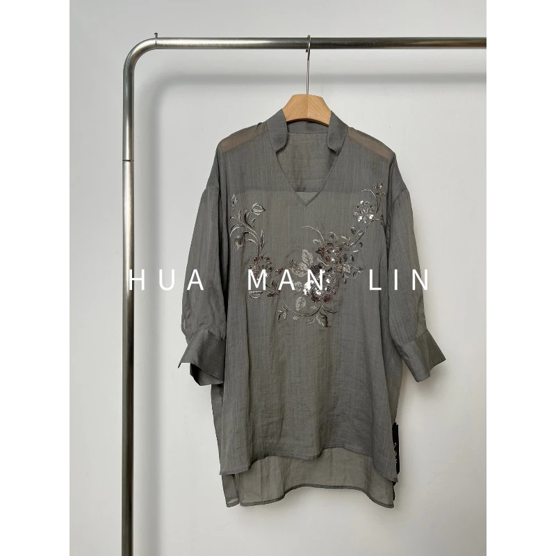 花滿林V领前中刺绣钉珠片前短后长苎麻七分袖上衣8652