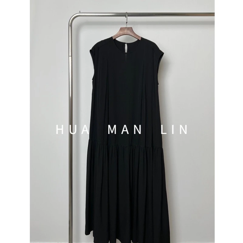 【花滿林】圆领盖袖捏褶建宏绉真丝桑蚕丝气质大摆连衣裙3922-1