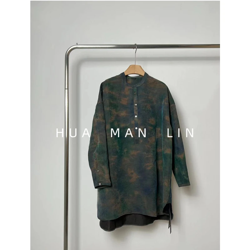 花滿林【现量系列】小立领前短后长阔版扎染气质上衣1151