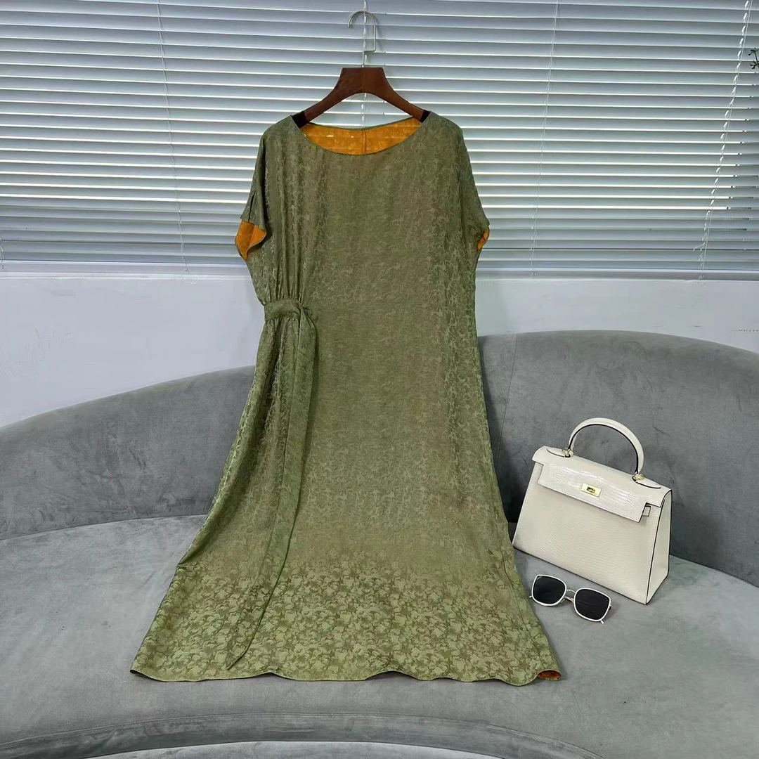 【花滿林】圆领盖袖腰部捏褶可系带花罗气质连衣裙6878