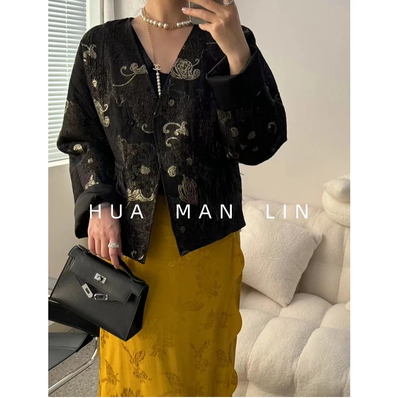 【花滿林】V领金线鸵鸟毛大口袋时尚气质外套7118